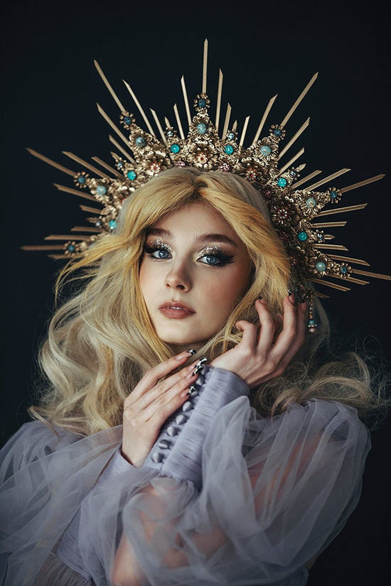 Golden Sunburst, Celestial Halo, Goddess Crown, Turquoise Gold Crown, Ethereal Headdress, Festival Headpiece, Bridal Crown, Regal Gold Tiara