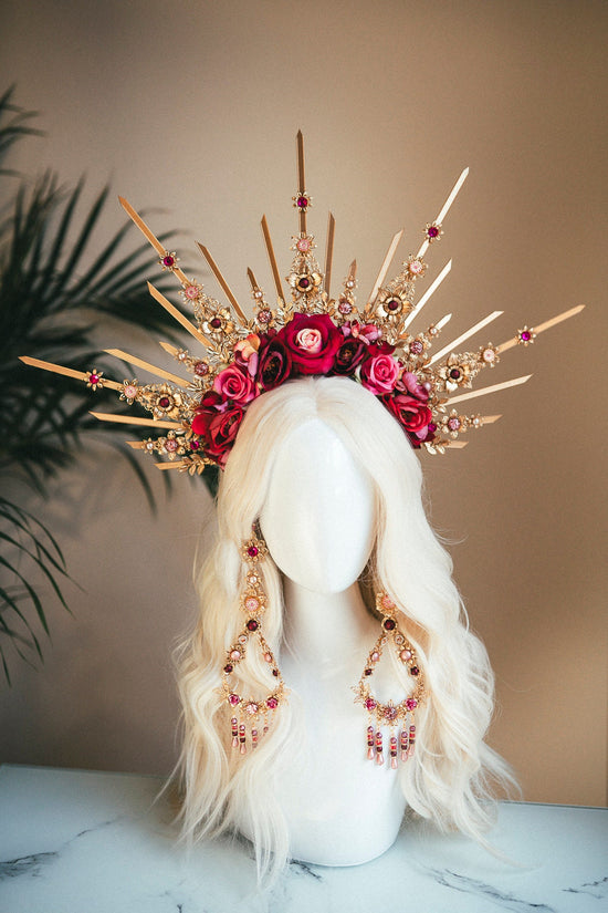 Regal Rose Halo Crown, Floral Wedding Headpiece, Gold Bridal Tiara, Celestial Goddess Crown, Festival Headdress, Maternity Photoshoot