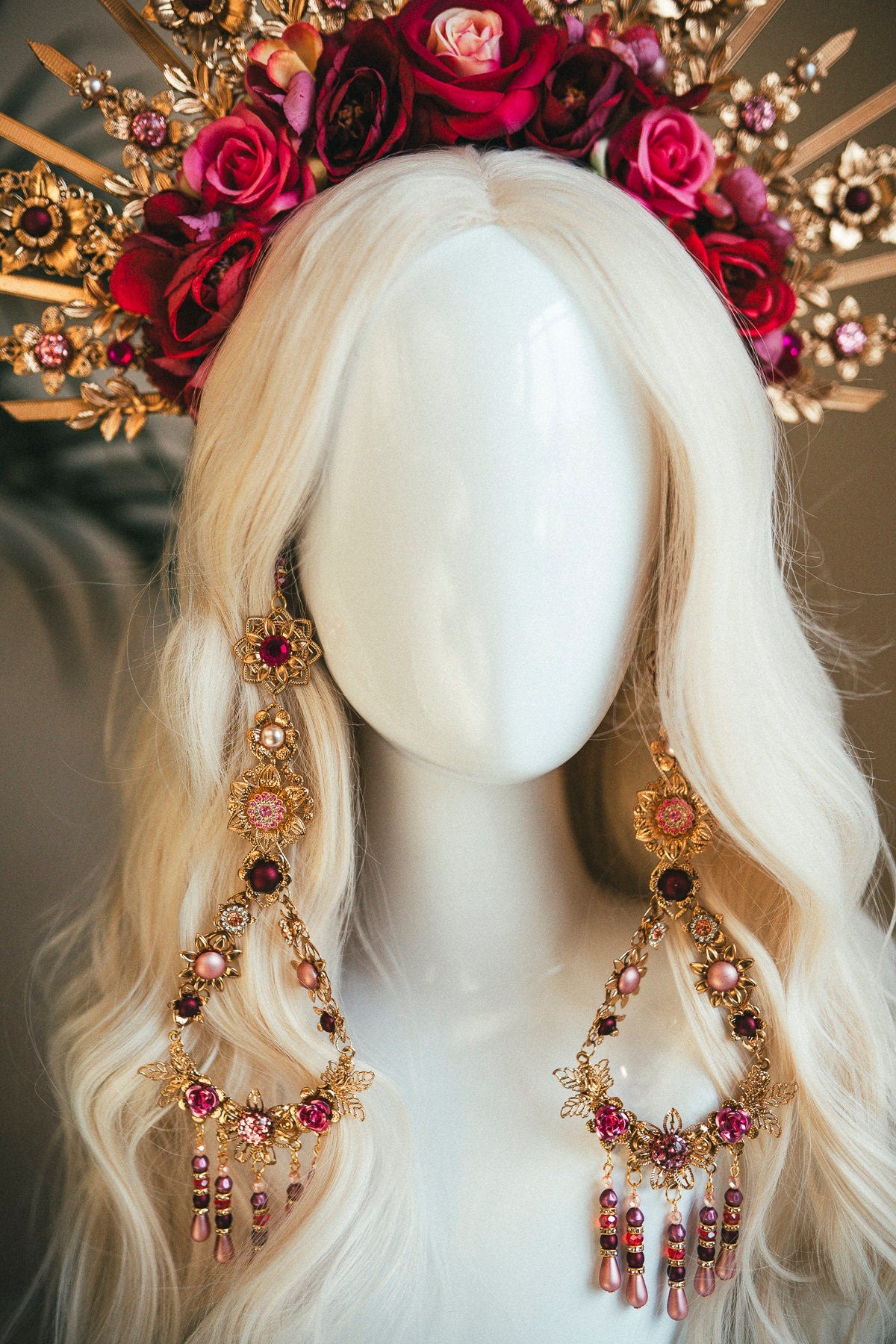 Regal Rose Halo Crown, Floral Wedding Headpiece, Gold Bridal Tiara, Celestial Goddess Crown, Festival Headdress, Maternity Photoshoot