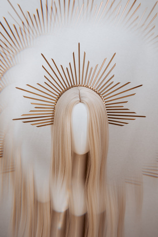 Gold Halo Crown, Sunburst Headpiece, Celestial Goddess Tiara, Festival Halo, Boho Wedding Crown, Statement Bridal Tiara, Handmade Headpiece