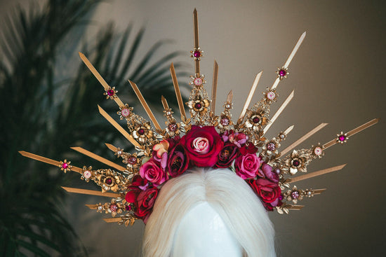 Regal Rose Halo Crown, Floral Wedding Headpiece, Gold Bridal Tiara, Celestial Goddess Crown, Festival Headdress, Maternity Photoshoot