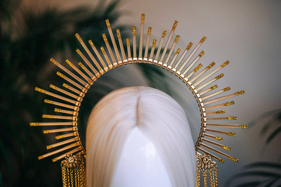 Gold halo crown with chains, Halo crown, Halo headpiece, Gold crown, Festival crown, Goddess crown, Gold chain headband, Gold headband