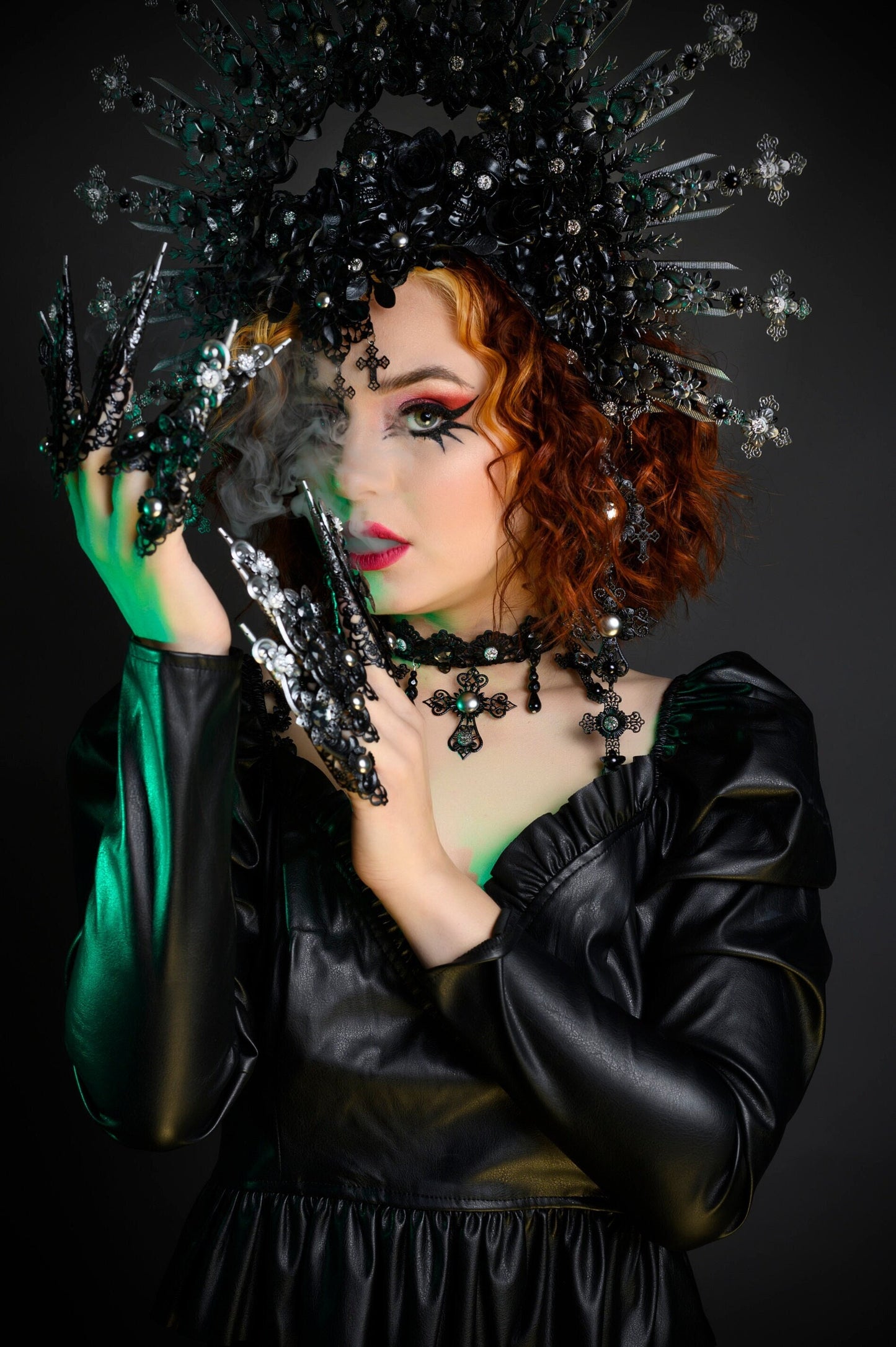 Gothic Cross Choker, Skull Necklace, Vampire Jewelry, Black Beaded Choker, Halloween Costume, Dark Queen Necklace, Baroque Witch Accessory