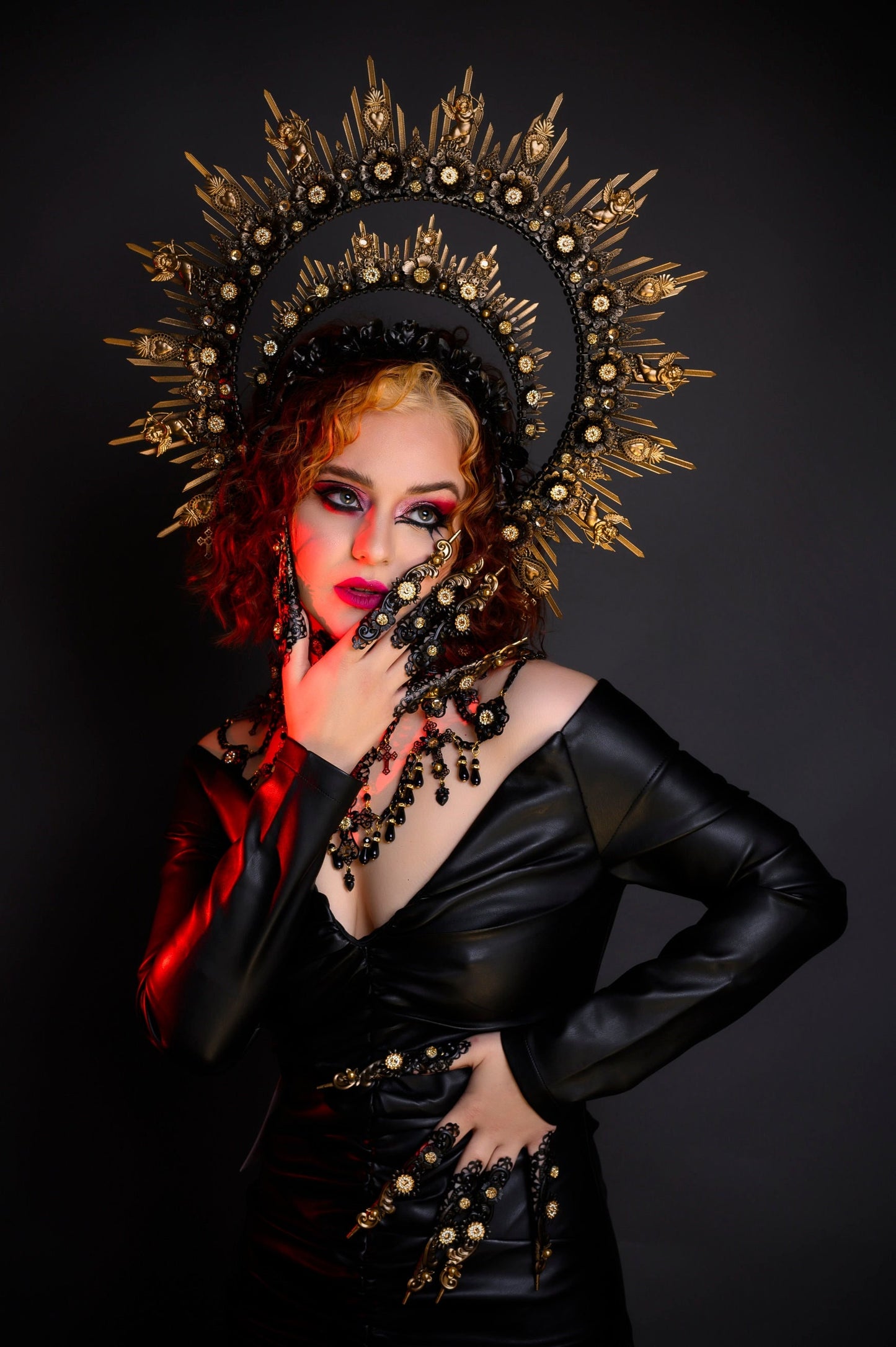 Gothic Halo Crown, Vampire Queen Headpiece, Black Gold Witch Crown, Halloween Headpiece, Dark Goddess Costume, Baroque Crown