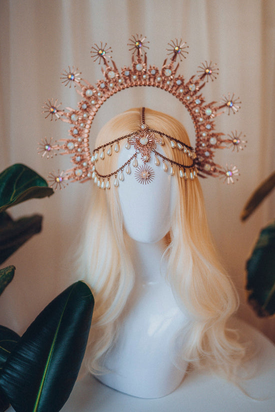 Golden Pearl, Halo Crown, Bridal Headpiece, Celestial Headdress, Festival Goddess, Wedding Tiara, Fantasy Costume, Sacred Ritual Crown