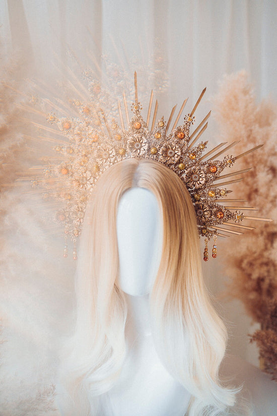 Gold Halo Crown, Celestial Headpiece, Goddess Crown, Festival Halo, Bridal Halo, Wedding Crown, Luxury Crown, Fantasy Halo, Golden Sun Crown