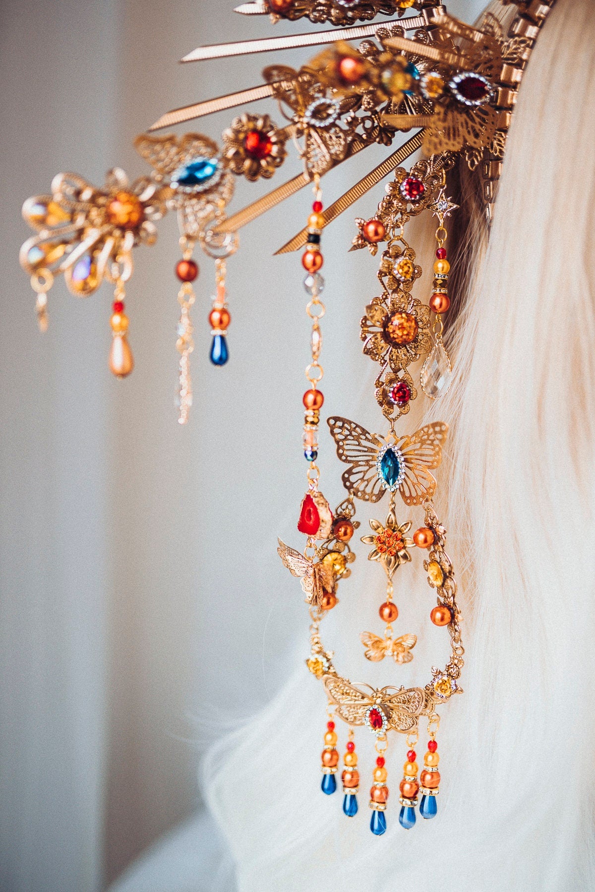 Butterfly Halo Crown, Gold Festival Tiara, Celestial Headpiece, Colorful Fairy Crown, Goddess Costume, Spring Carnival Crown, Fantasy Bridal