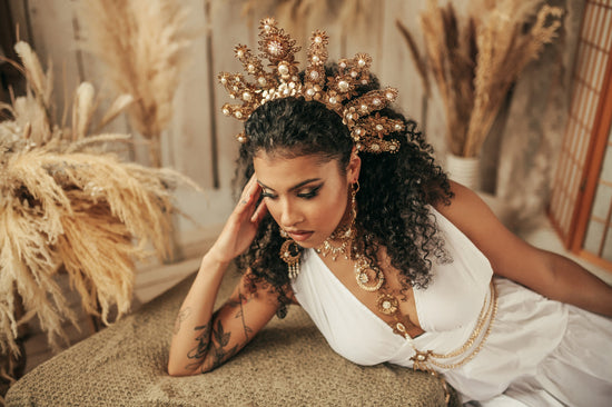 Golden Crown, Wedding Headpiece, Regal Halo, Pearl Tiara, Statement Crown, Bridal Crown, Gold Headpiece, Goddess Tiara, Festival Crown