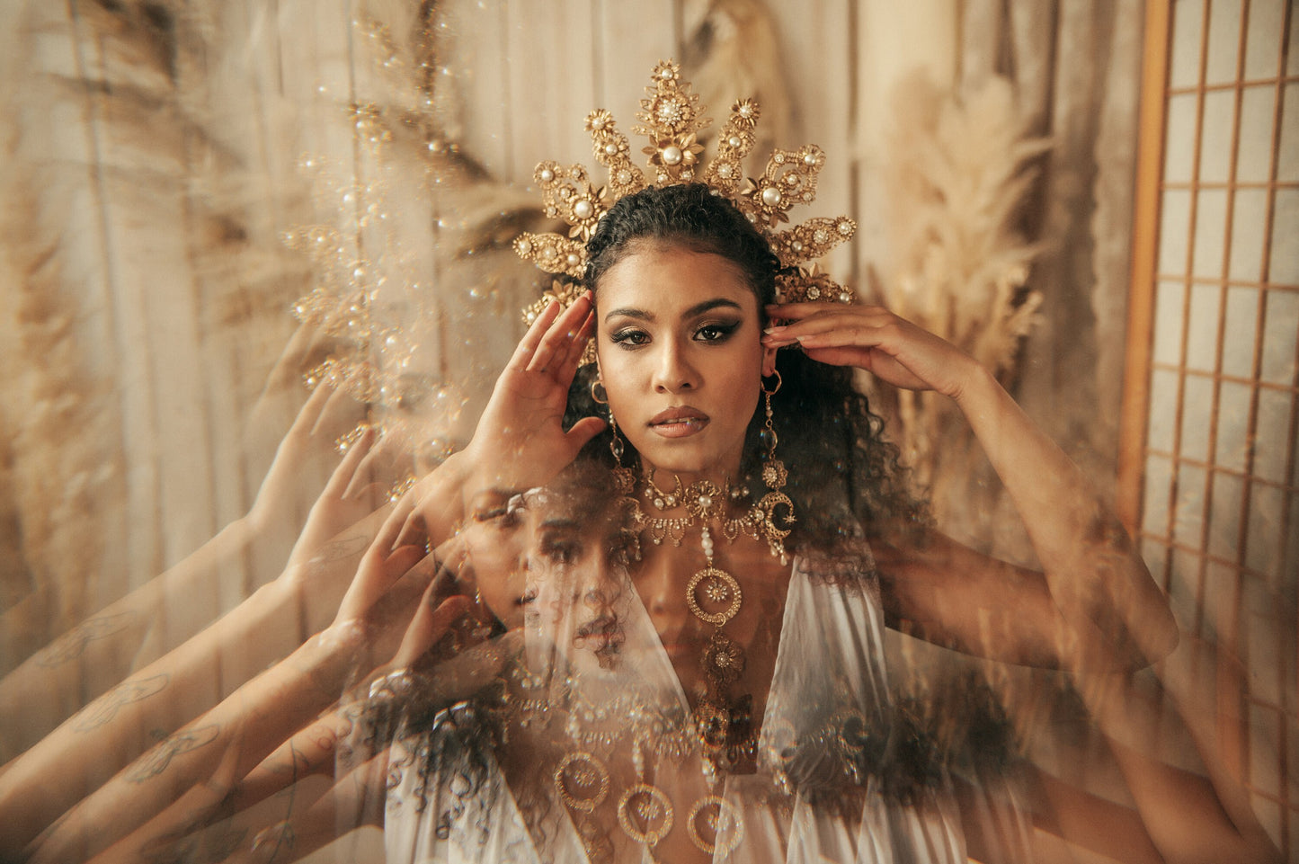 Golden Crown, Wedding Headpiece, Regal Halo, Pearl Tiara, Statement Crown, Bridal Crown, Gold Headpiece, Goddess Tiara, Festival Crown