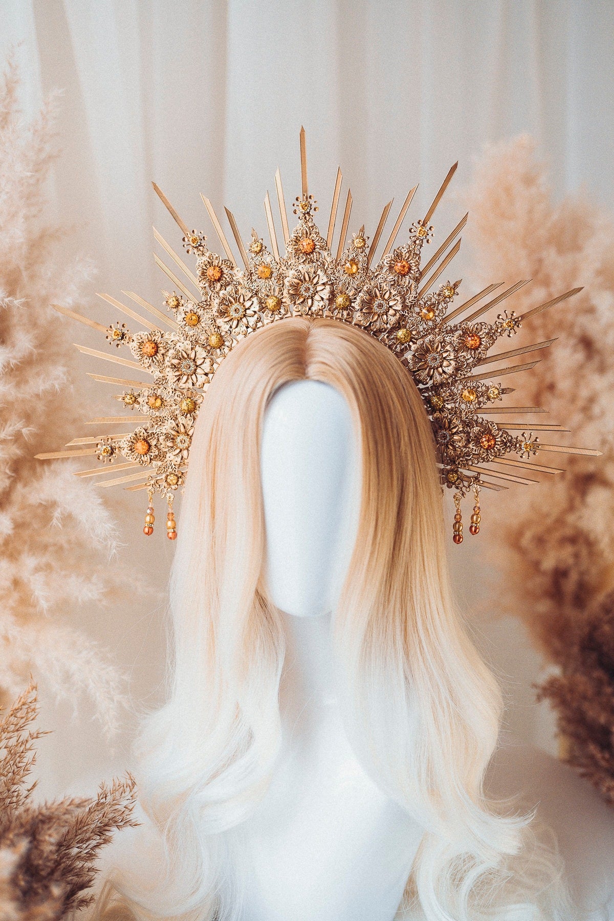 Gold Halo Crown, Celestial Headpiece, Goddess Crown, Festival Halo, Bridal Halo, Wedding Crown, Luxury Crown, Fantasy Halo, Golden Sun Crown