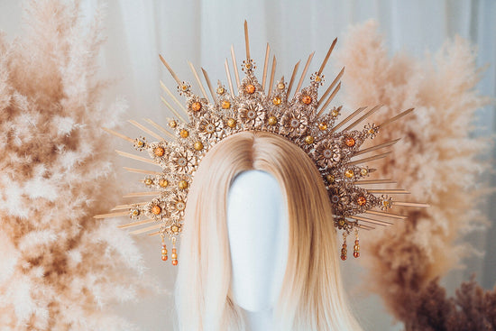Gold Halo Crown, Celestial Headpiece, Goddess Crown, Festival Halo, Bridal Halo, Wedding Crown, Luxury Crown, Fantasy Halo, Golden Sun Crown
