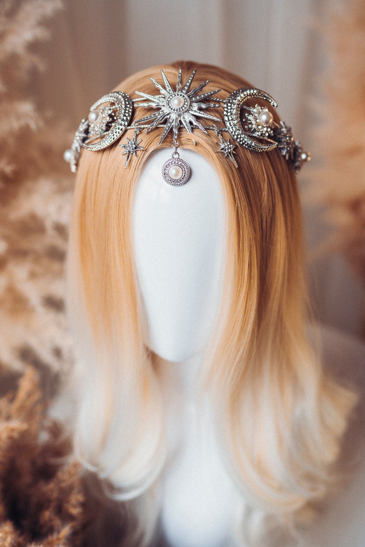 Celestial Silver Crown, Moon Star Headpiece, Lunar Goddess Tiara, Festival Halo Crown, Astrology Wedding Tiara, Boho Silver Headpiece