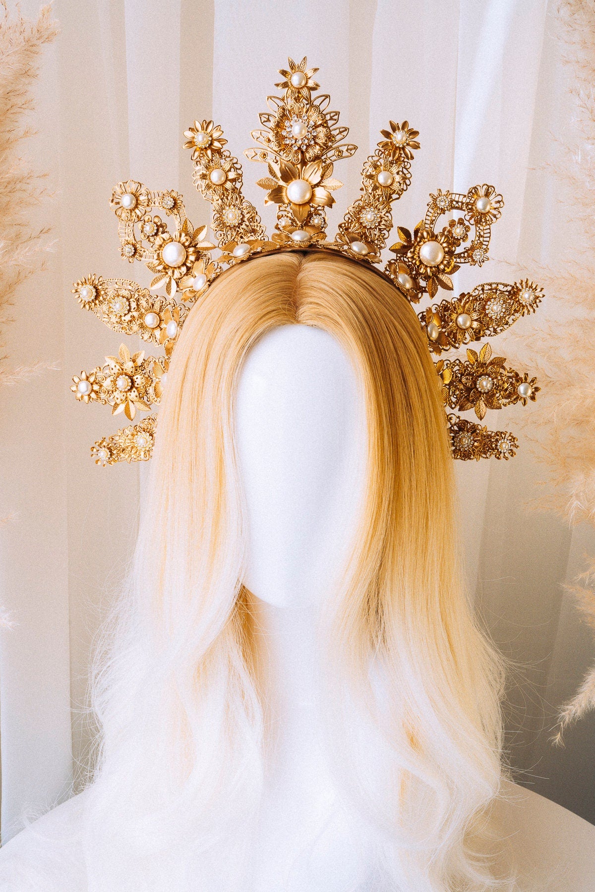 Golden Crown, Wedding Headpiece, Regal Halo, Pearl Tiara, Statement Crown, Bridal Crown, Gold Headpiece, Goddess Tiara, Festival Crown