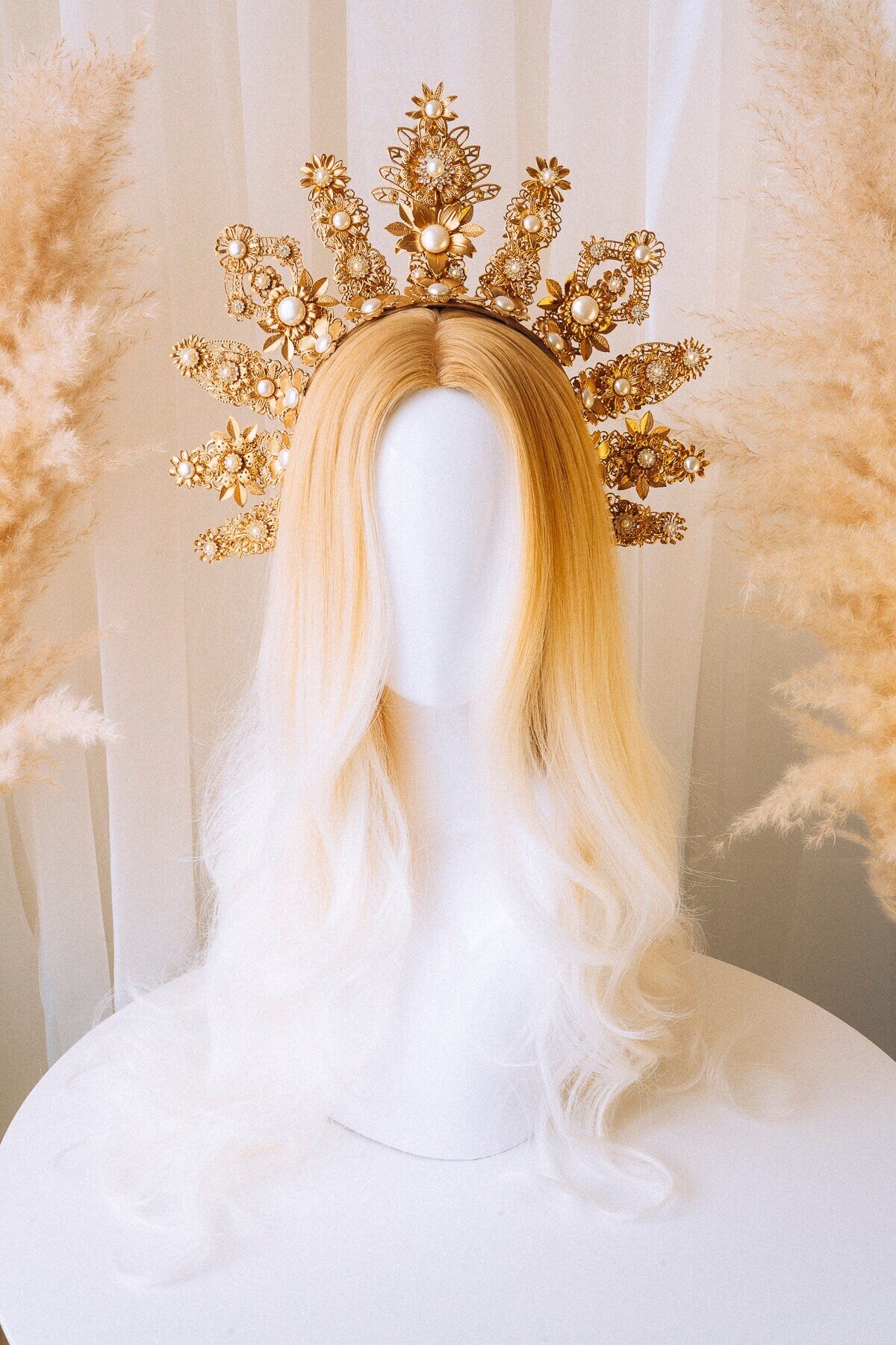 Golden Crown, Wedding Headpiece, Regal Halo, Pearl Tiara, Statement Crown, Bridal Crown, Gold Headpiece, Goddess Tiara, Festival Crown