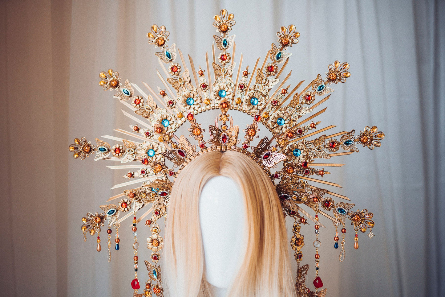 Butterfly Halo Crown, Gold Festival Tiara, Celestial Headpiece, Colorful Fairy Crown, Goddess Costume, Spring Carnival Crown, Fantasy Bridal