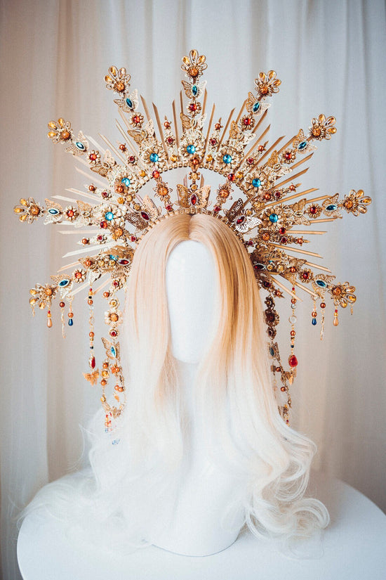 Butterfly Halo Crown, Gold Festival Tiara, Celestial Headpiece, Colorful Fairy Crown, Goddess Costume, Spring Carnival Crown, Fantasy Bridal