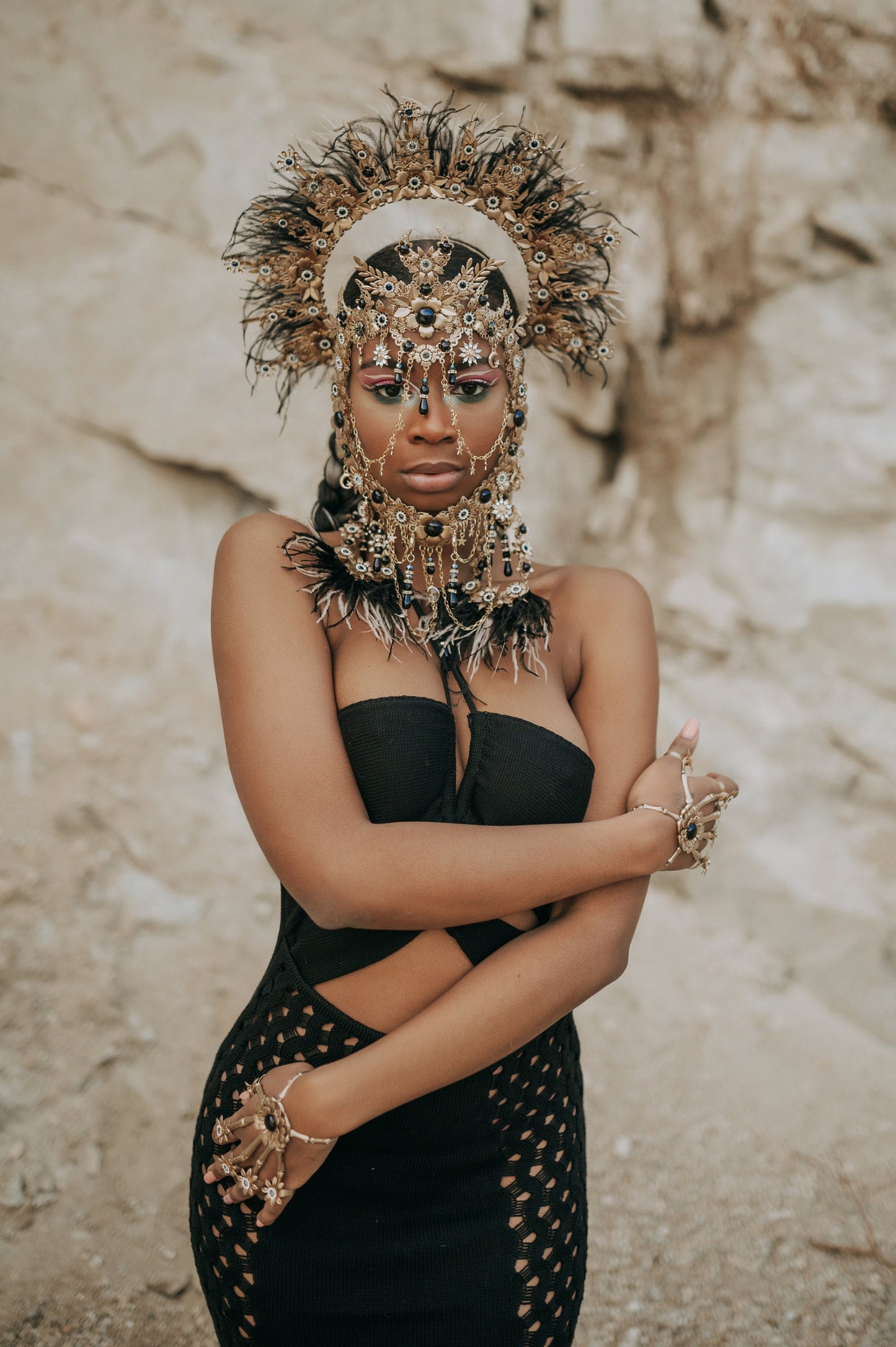 Black Gold Masquerade Mask, Gothic Dark Queen Costume Headpiece - Face Mask Black Gold Masquerade Mask, Gothic Dark Queen Costume Headpiece - Face Mask