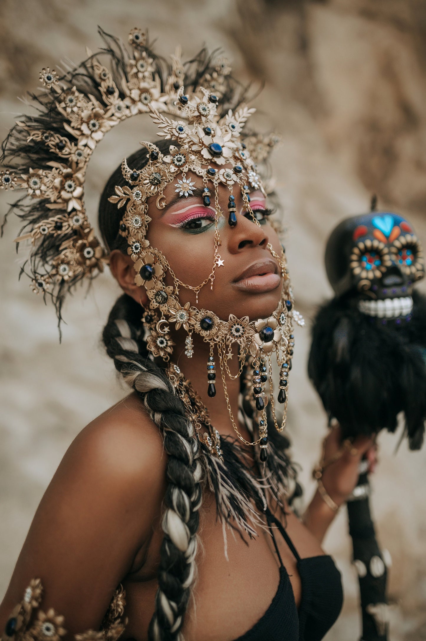 Black Gold Masquerade Mask, Gothic Halloween Mask, Dark Queen Mask, Witch Costume Mask, Festival Masquerade Headpiece