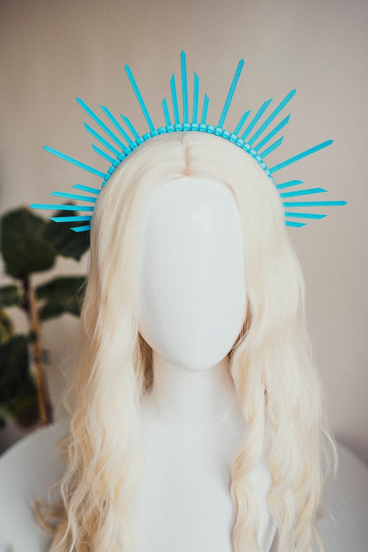 Turquoise Spiked Halo Crown, Festival Headpiece, Rave Costume Accessory, Carnival Outfit, Lightweight Zip Tie Crown, Handmade Headband