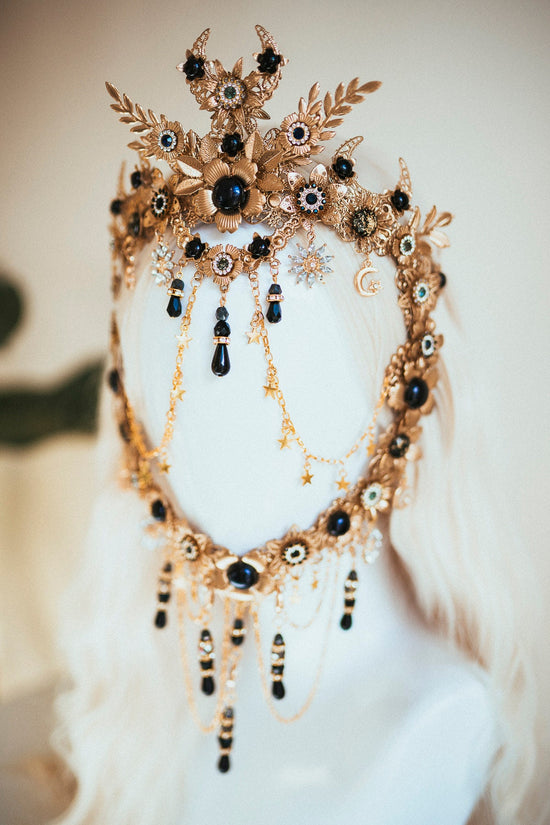 Black Gold Masquerade Mask, Gothic Halloween Mask, Dark Queen Mask, Witch Costume Mask, Festival Masquerade Headpiece