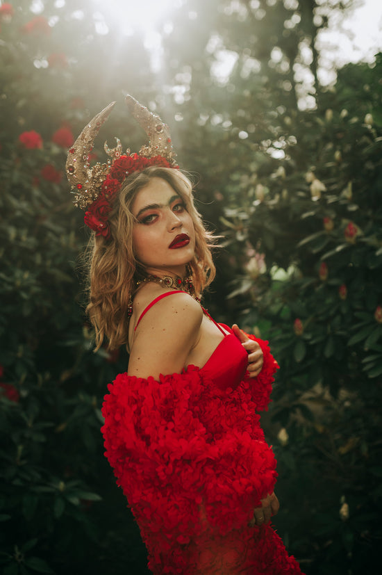 Taurus Horn Crown, Red Rose Headdress, Celestial Bull Halo, Floral Goddess Headpiece, Gold Horns Crown, Zodiac Festival Costume Accessory
