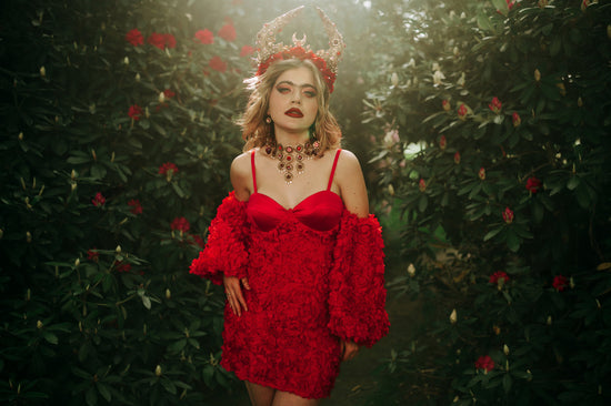 Taurus Horn Crown, Red Rose Headdress, Celestial Bull Halo, Floral Goddess Headpiece, Gold Horns Crown, Zodiac Festival Costume Accessory