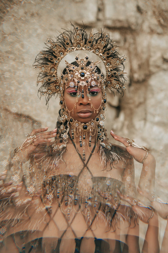 Black Gold Masquerade Mask, Gothic Halloween Mask, Dark Queen Mask, Witch Costume Mask, Festival Masquerade Headpiece