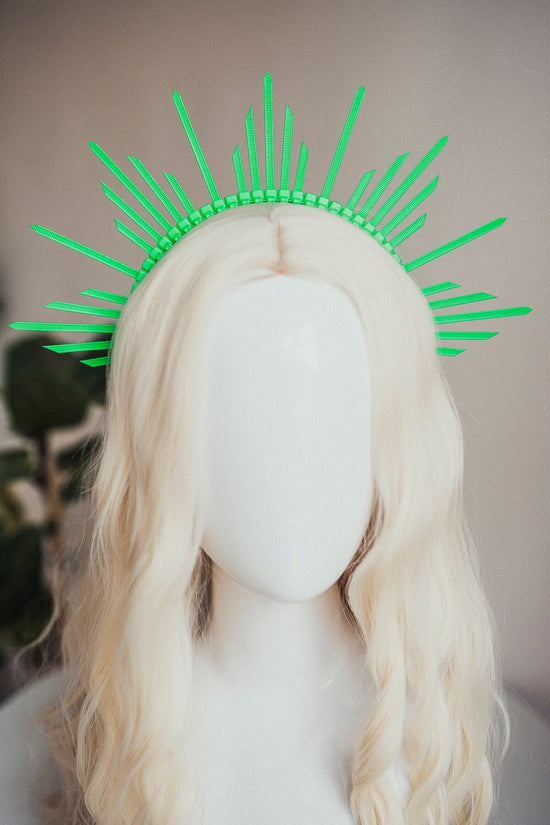 UV Active Green Halo Crown, Neon Rave Headpiece, Lightweight Zip Tie Costume Accessory, Festival Outfit Glow Headband