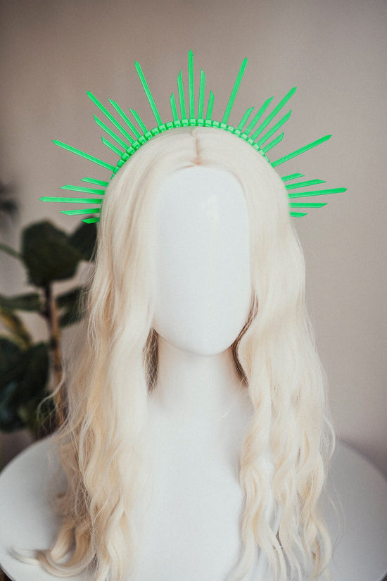 UV Active Green Halo Crown, Neon Rave Headpiece, Lightweight Zip Tie Costume Accessory, Festival Outfit Glow Headband