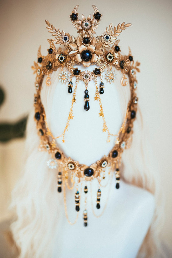 Black Gold Masquerade Mask, Gothic Halloween Mask, Dark Queen Mask, Witch Costume Mask, Festival Masquerade Headpiece