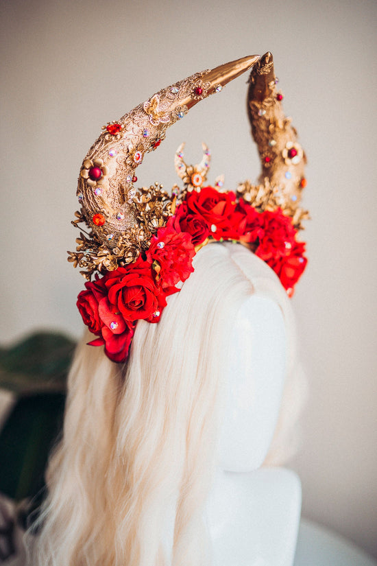 Taurus Horn Crown, Red Rose Headdress, Celestial Bull Halo, Floral Goddess Headpiece, Gold Horns Crown, Zodiac Festival Costume Accessory