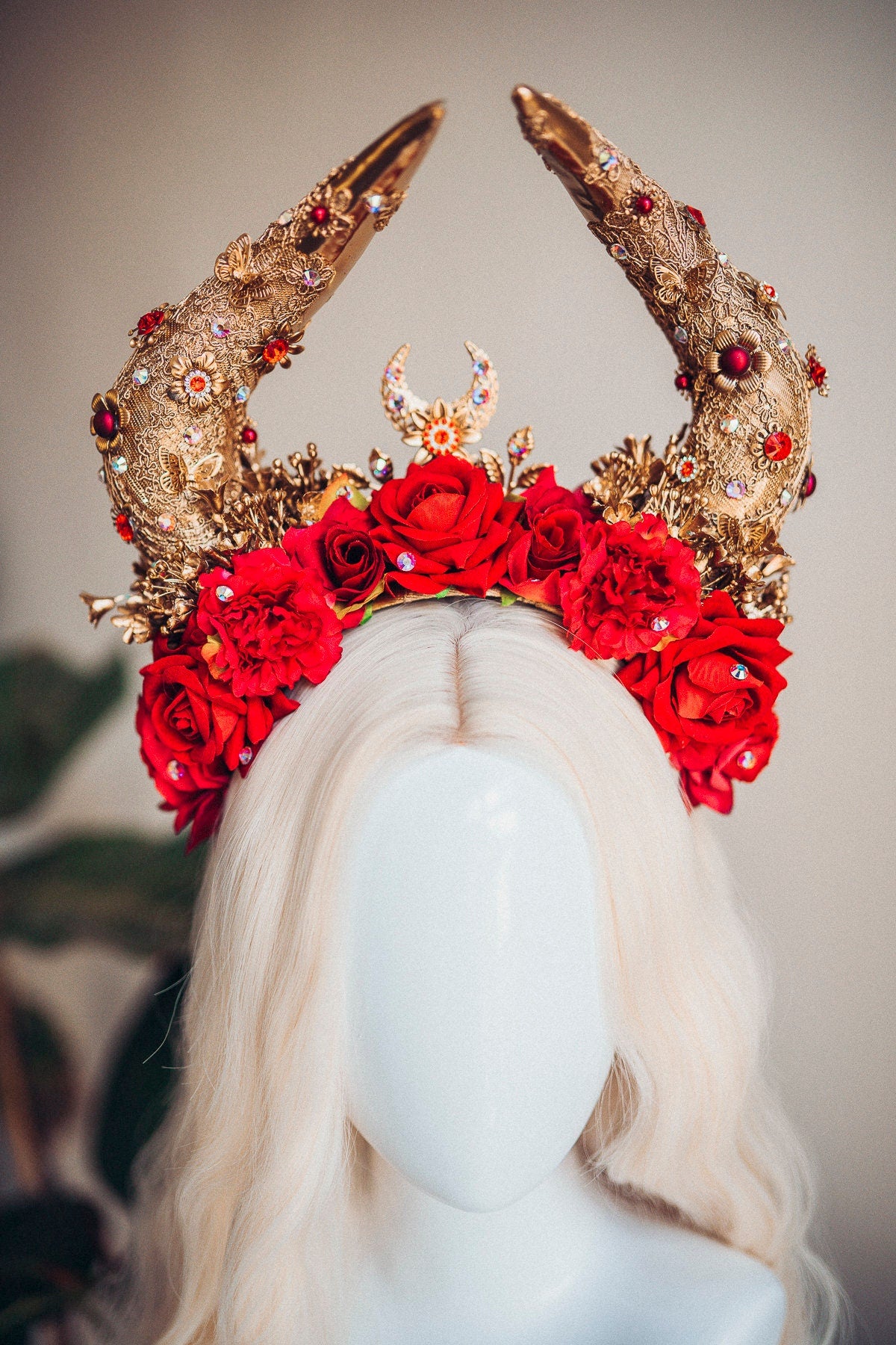 Taurus Horn Crown, Red Rose Headdress, Celestial Bull Halo, Floral Goddess Headpiece, Gold Horns Crown, Zodiac Festival Costume Accessory