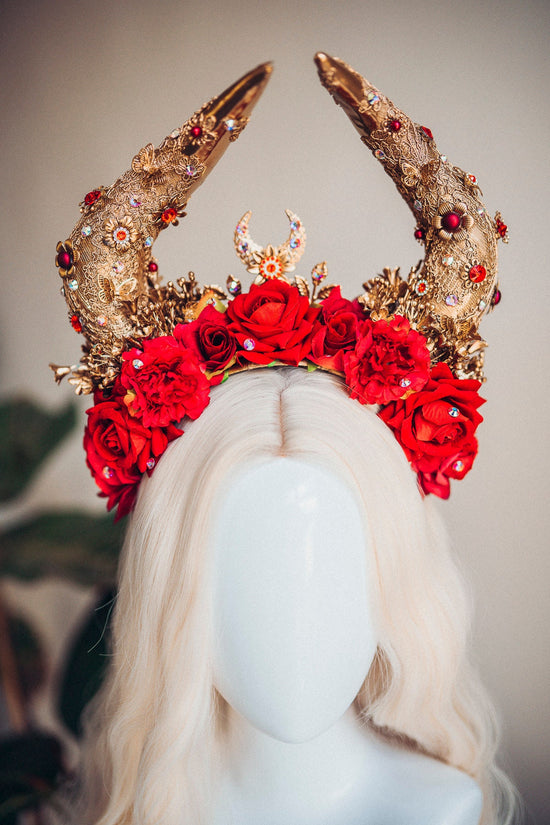 Taurus Horn Crown, Red Rose Headdress, Celestial Bull Halo, Floral Goddess Headpiece, Gold Horns Crown, Zodiac Festival Costume Accessory
