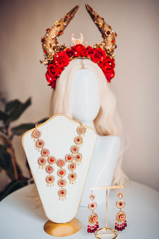 Taurus Horn Crown, Red Rose Headdress, Celestial Bull Halo, Floral Goddess Headpiece, Gold Horns Crown, Zodiac Festival Costume Accessory