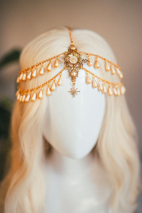 Golden Pearl, Boho Headpiece, Bridal Head Chain, Festival Crown, Goddess Tiara, Renaissance Hair Jewelry, Wedding Halo, Fairy Headdress