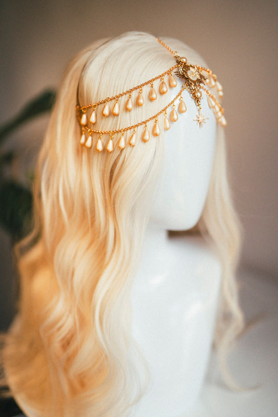 Golden Pearl, Boho Headpiece, Bridal Head Chain, Festival Crown, Goddess Tiara, Renaissance Hair Jewelry, Wedding Halo, Fairy Headdress