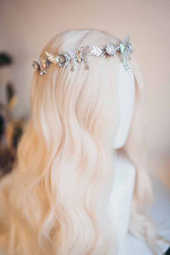 Celestial Butterfly Tiara, Silver Festival Crown, Moon Pearl Headpiece, Cosmic Goddess Tiara, Boho Bride Hair Accessory