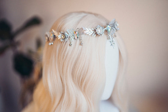 Celestial Butterfly Tiara, Silver Festival Crown, Moon Pearl Headpiece, Cosmic Goddess Tiara, Boho Bride Hair Accessory