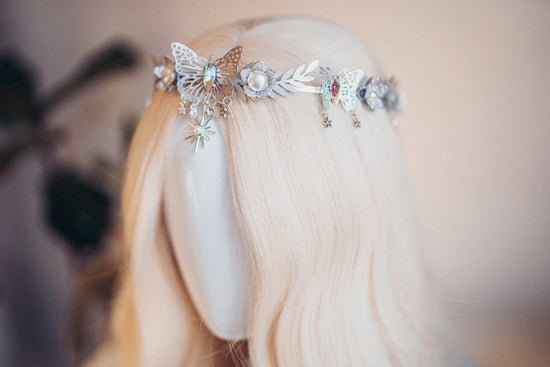 Celestial Butterfly Tiara, Silver Festival Crown, Moon Pearl Headpiece, Cosmic Goddess Tiara, Boho Bride Hair Accessory