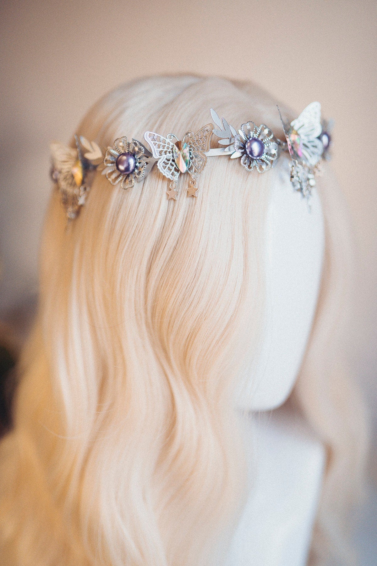 Celestial Butterfly Tiara, Silver Crown, Fairycore Headpiece, Butterfly Festival Tiara, Purple Crystal Crown, Fantasy Hair Accessories