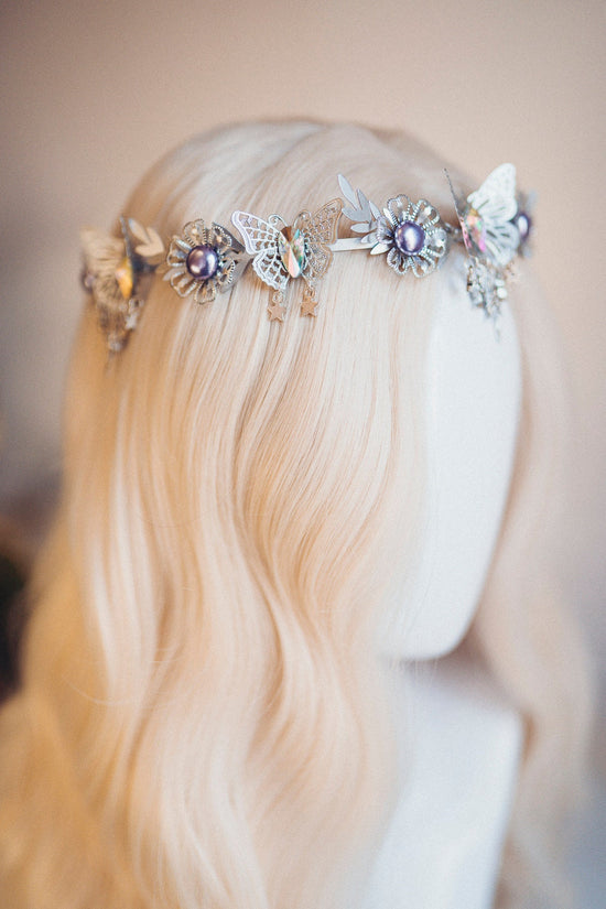 Celestial Butterfly Tiara, Silver Crown, Fairycore Headpiece, Butterfly Festival Tiara, Purple Crystal Crown, Fantasy Hair Accessories