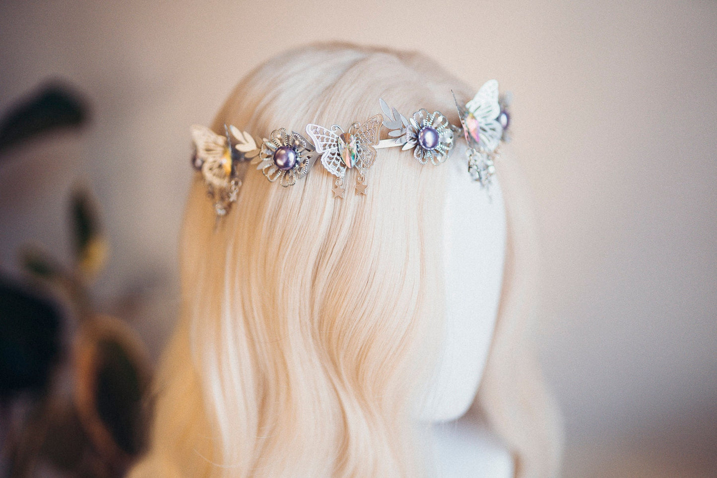 Celestial Butterfly Tiara, Silver Crown, Fairycore Headpiece, Butterfly Festival Tiara, Purple Crystal Crown, Fantasy Hair Accessories