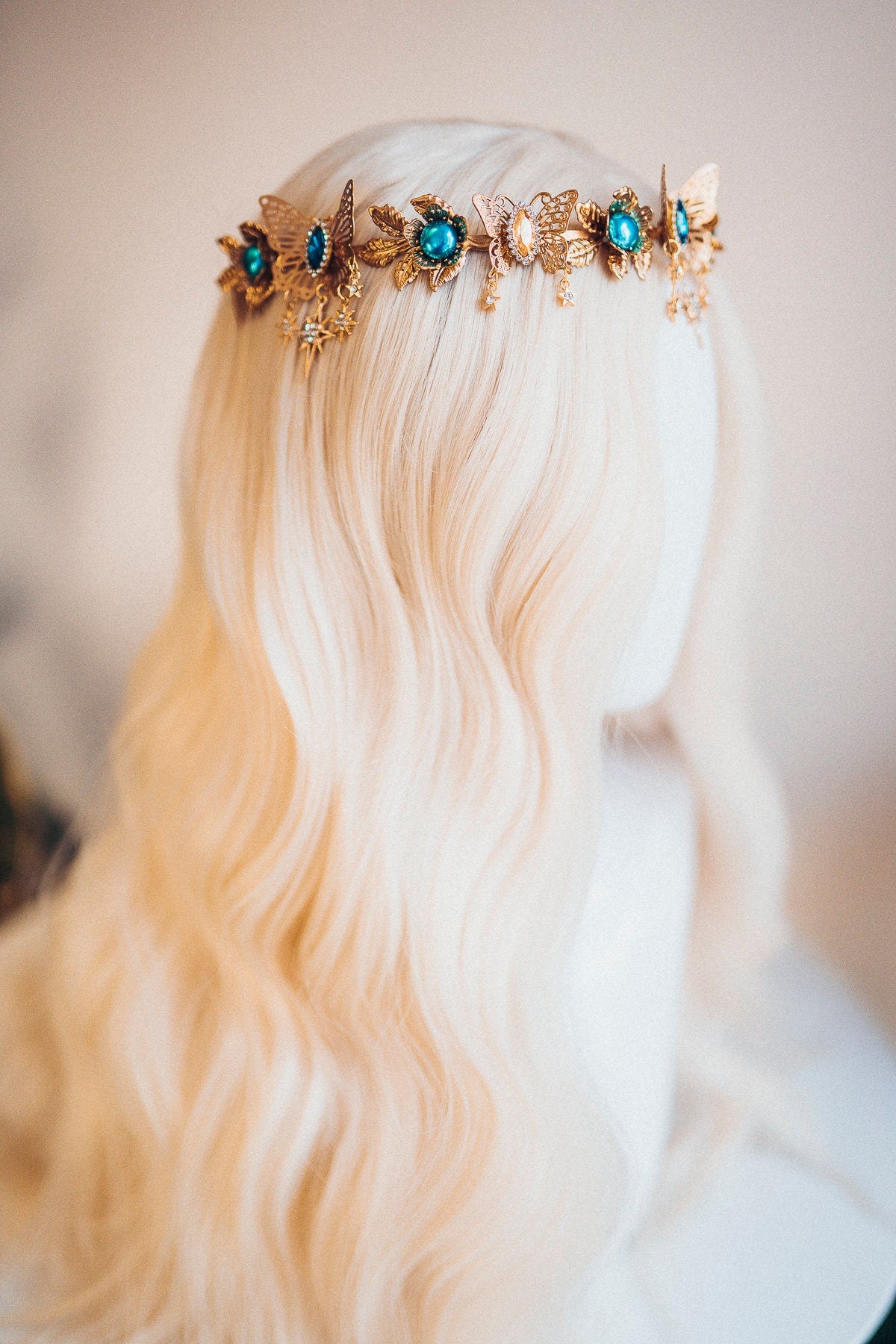 Butterfly Flower Tiara, Gold Headpiece with Teal Crystals Stars Butterflies, Elegant Bridal Crown for Weddings Festivals Special Occasions