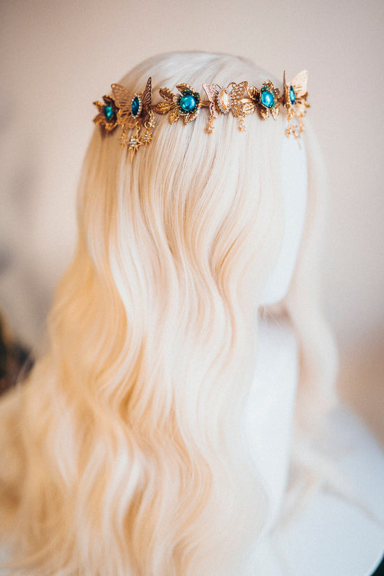 Butterfly Flower Tiara, Gold Headpiece with Teal Crystals Stars Butterflies, Elegant Bridal Crown for Weddings Festivals Special Occasions