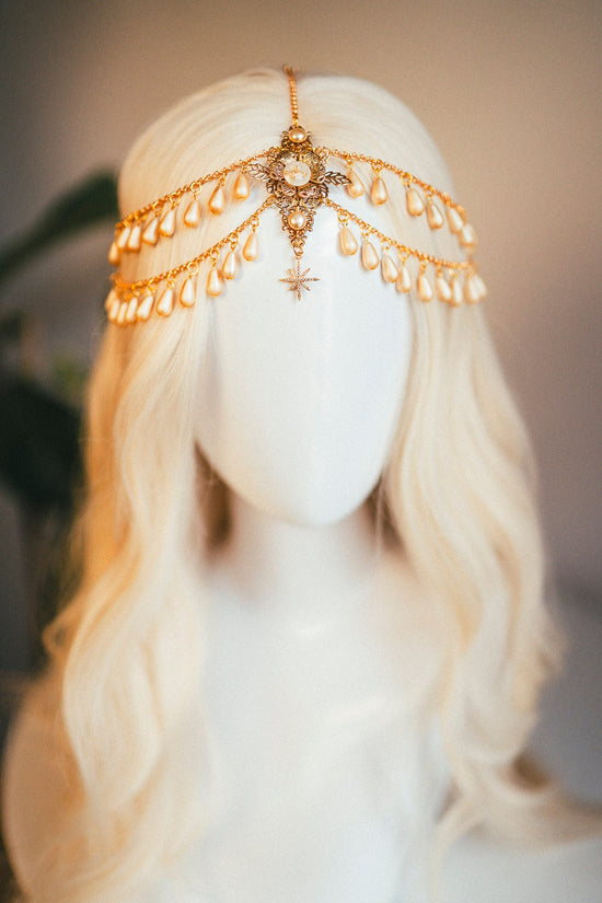 Golden Pearl, Boho Headpiece, Bridal Head Chain, Festival Crown, Goddess Tiara, Renaissance Hair Jewelry, Wedding Halo, Fairy Headdress