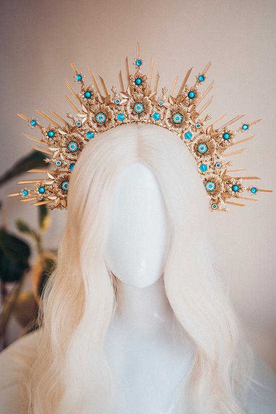 Celestial Halo Crown, Gold Sunburst Headpiece, Turquoise Festival Crown, Wedding Halo, Bohemian Goddess Tiara, Handmade Statement Headpiece