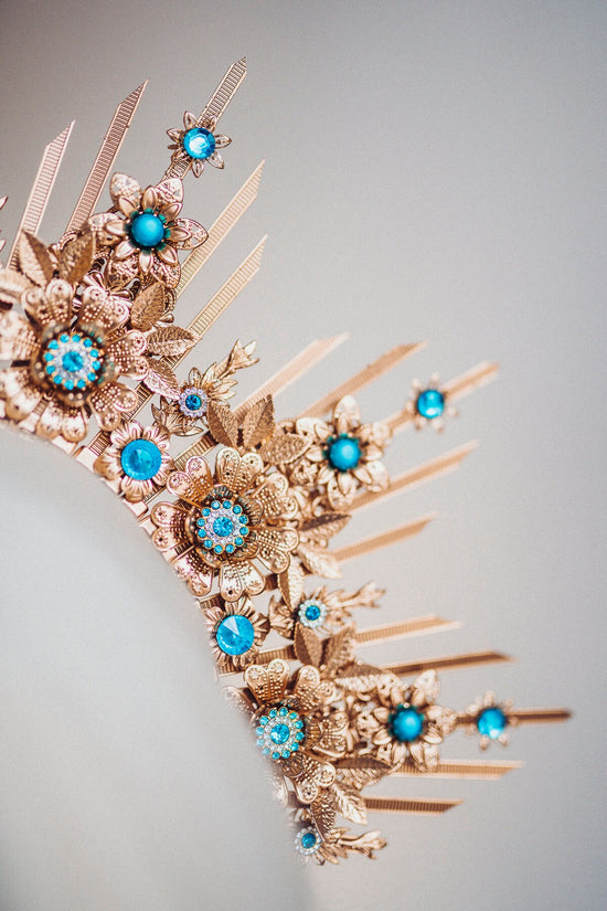 Celestial Halo Crown, Gold Sunburst Headpiece, Turquoise Festival Crown, Wedding Halo, Bohemian Goddess Tiara, Handmade Statement Headpiece