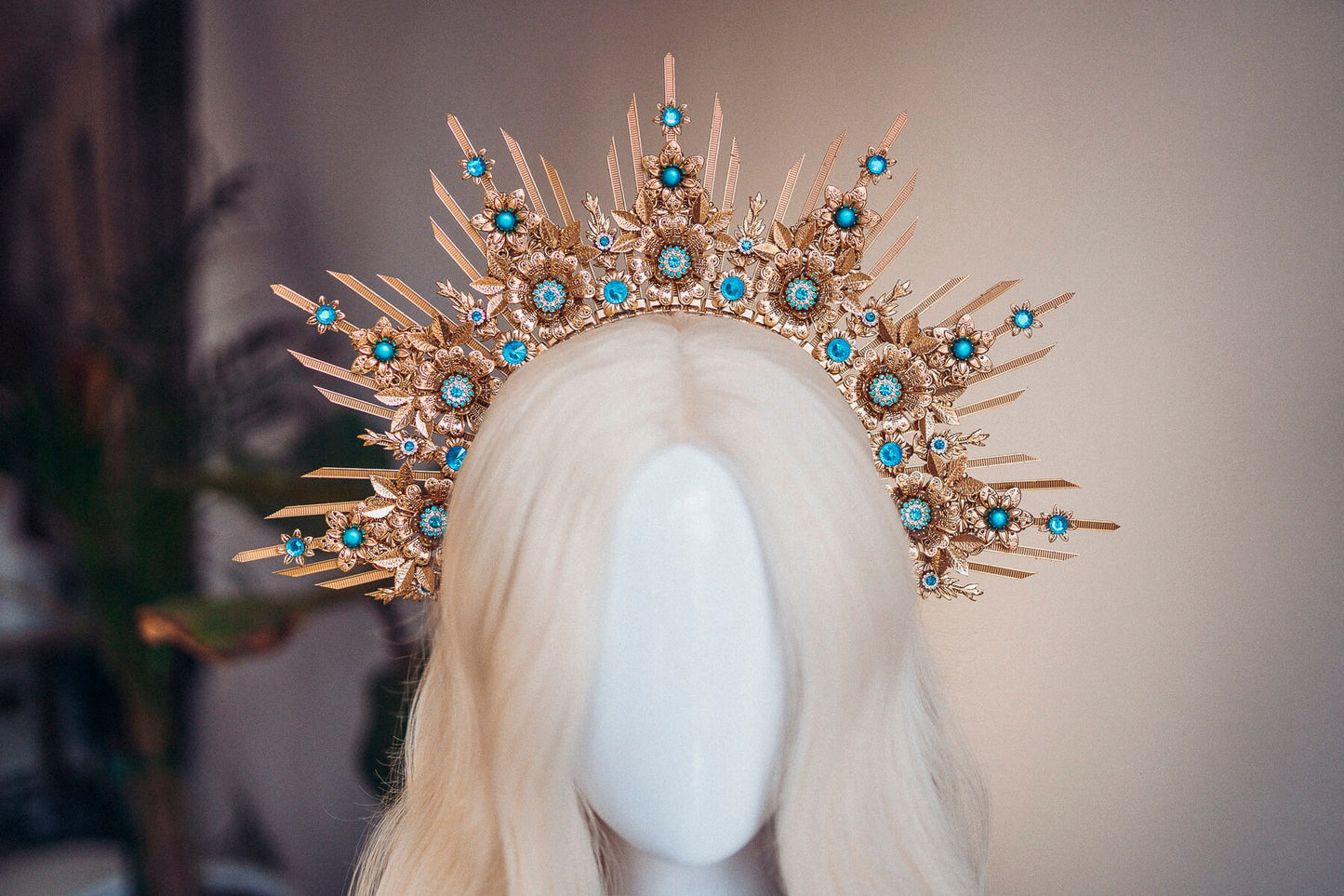 Celestial Halo Crown, Gold Sunburst Headpiece, Turquoise Festival Crown, Wedding Halo, Bohemian Goddess Tiara, Handmade Statement Headpiece