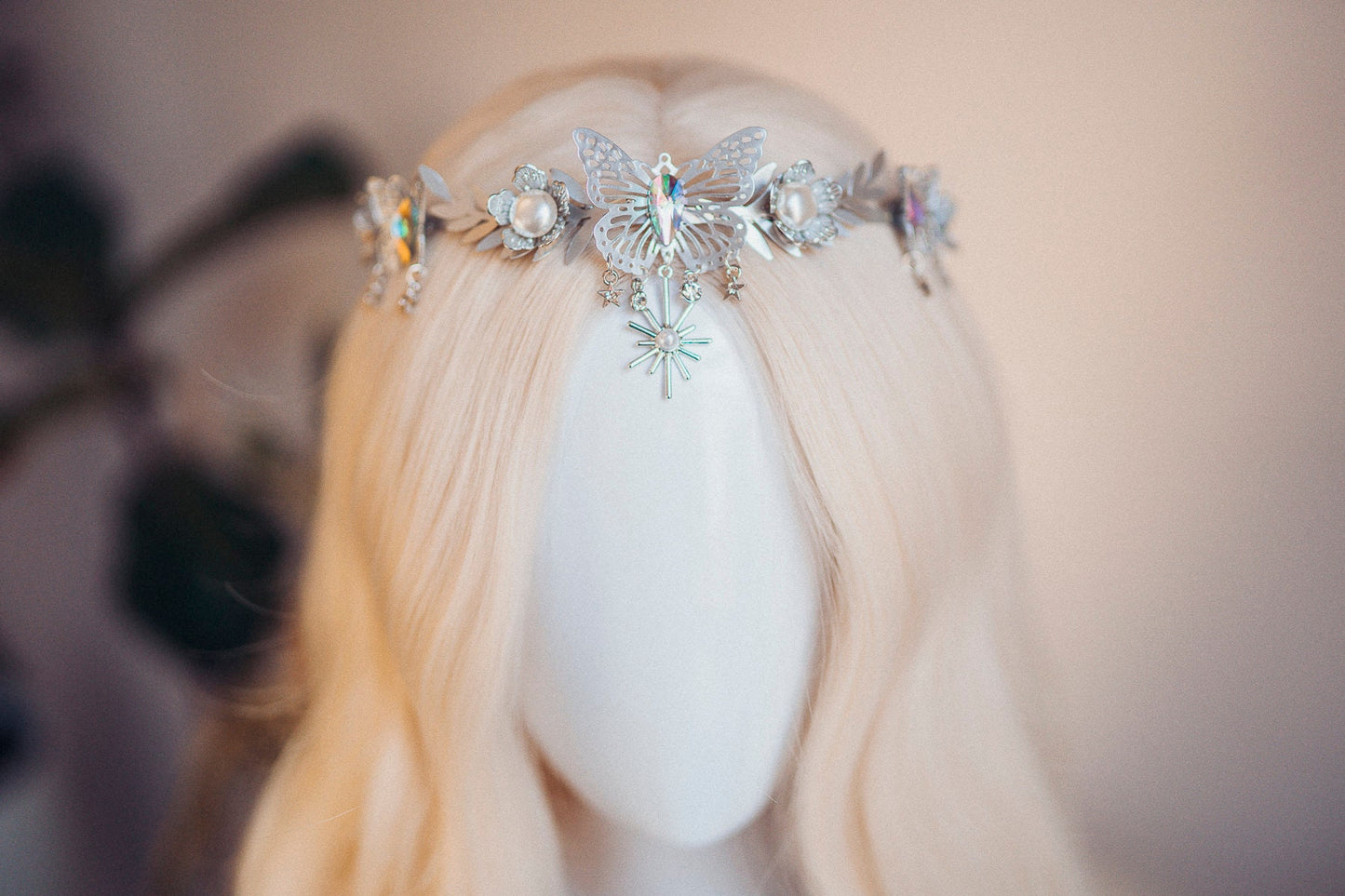 Celestial Butterfly Tiara, Silver Festival Crown, Moon Pearl Headpiece, Cosmic Goddess Tiara, Boho Bride Hair Accessory