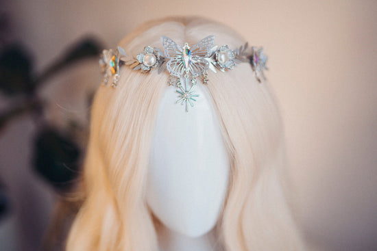 Celestial Butterfly Tiara, Silver Festival Crown, Moon Pearl Headpiece, Cosmic Goddess Tiara, Boho Bride Hair Accessory